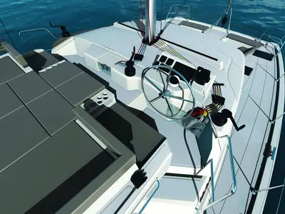 Cockpit of Double Four, a Bali Catspace catamaran at Kalkara, Malta