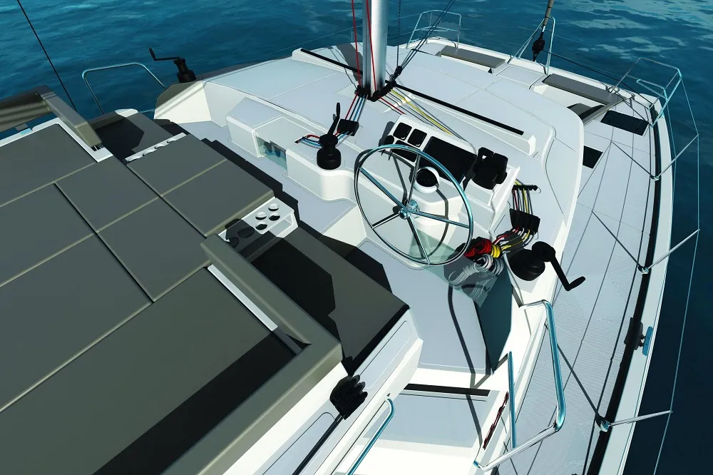 Cockpit of Double Four, a Bali Catspace catamaran at Kalkara, Malta
