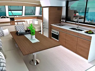 Galley of Double Four, a Bali Catspace catamaran at Kalkara, Malta