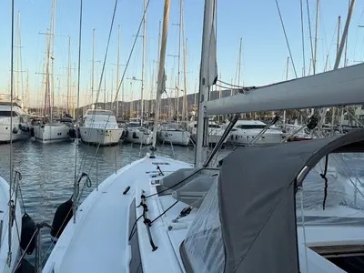 Deck of Sofia, a Dufour 530 sailboat at Kos, Greece
