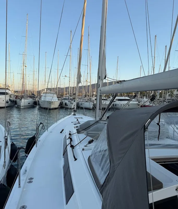 Deck of Sofia, a Dufour 530 sailboat at Kos, Greece