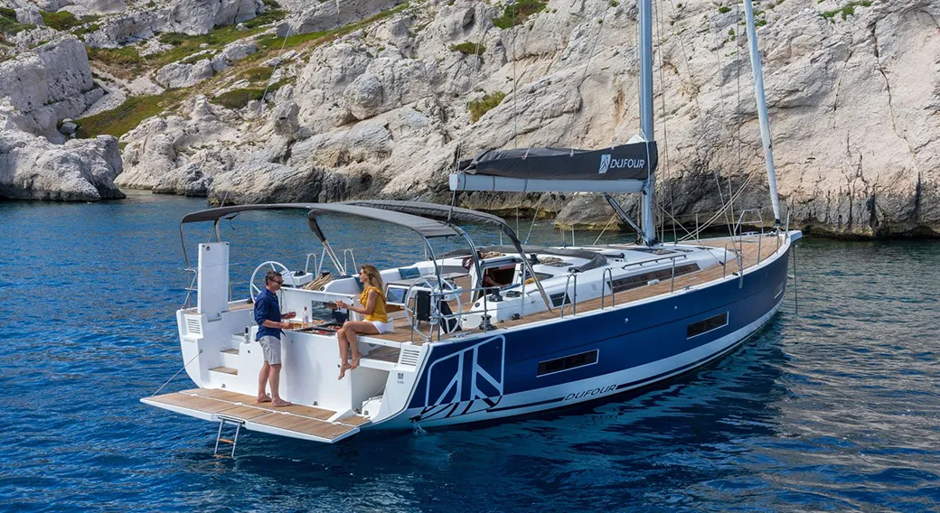 Exterior view of Sofia, a Dufour 530 sailboat at Kos, Greece