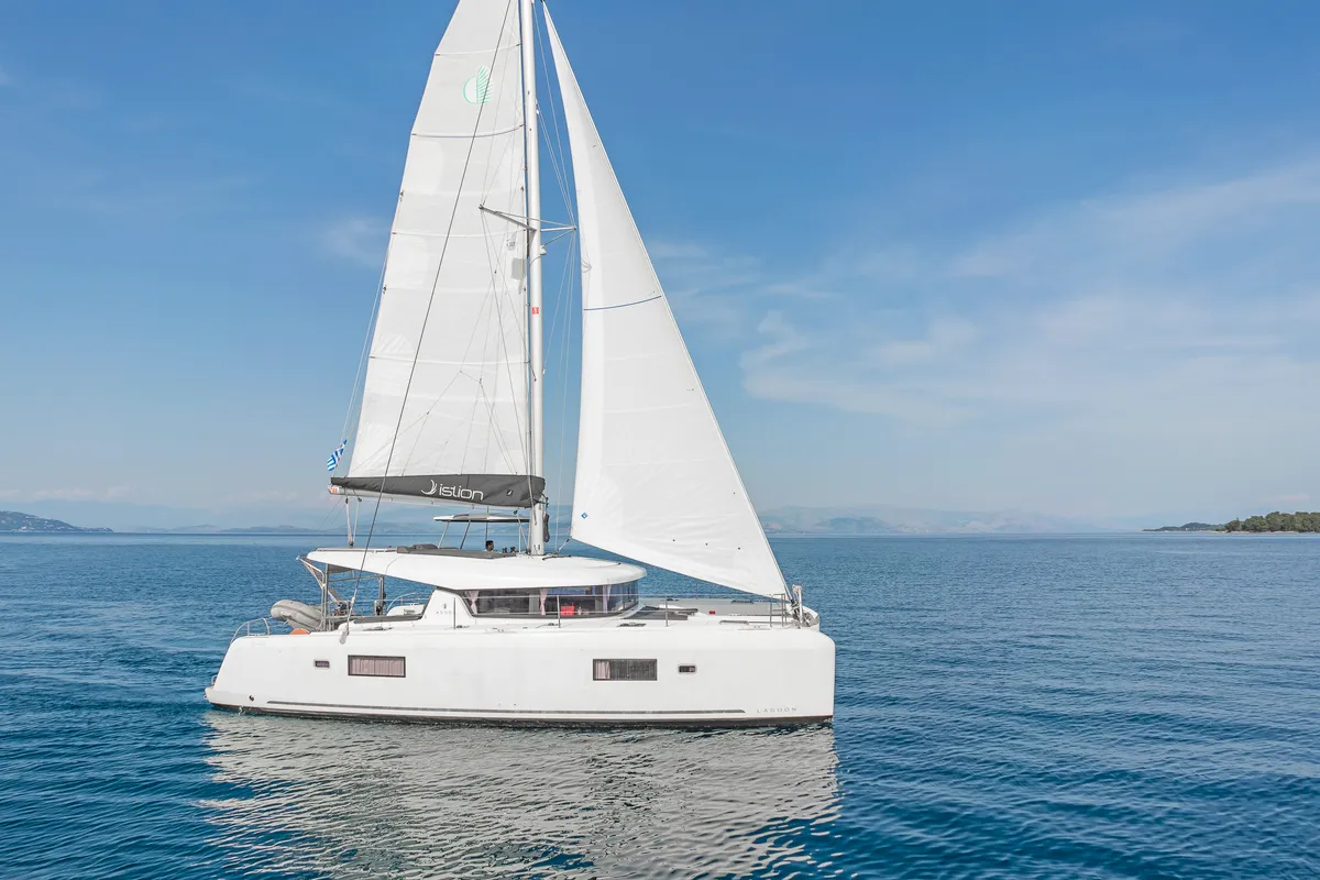 Exterior view of Equilibrium, a Lagoon 42 catamaran at Kontokali, Greece