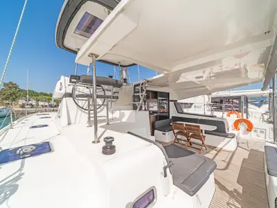 Deck of Equilibrium, a Lagoon 42 catamaran at Kontokali, Greece