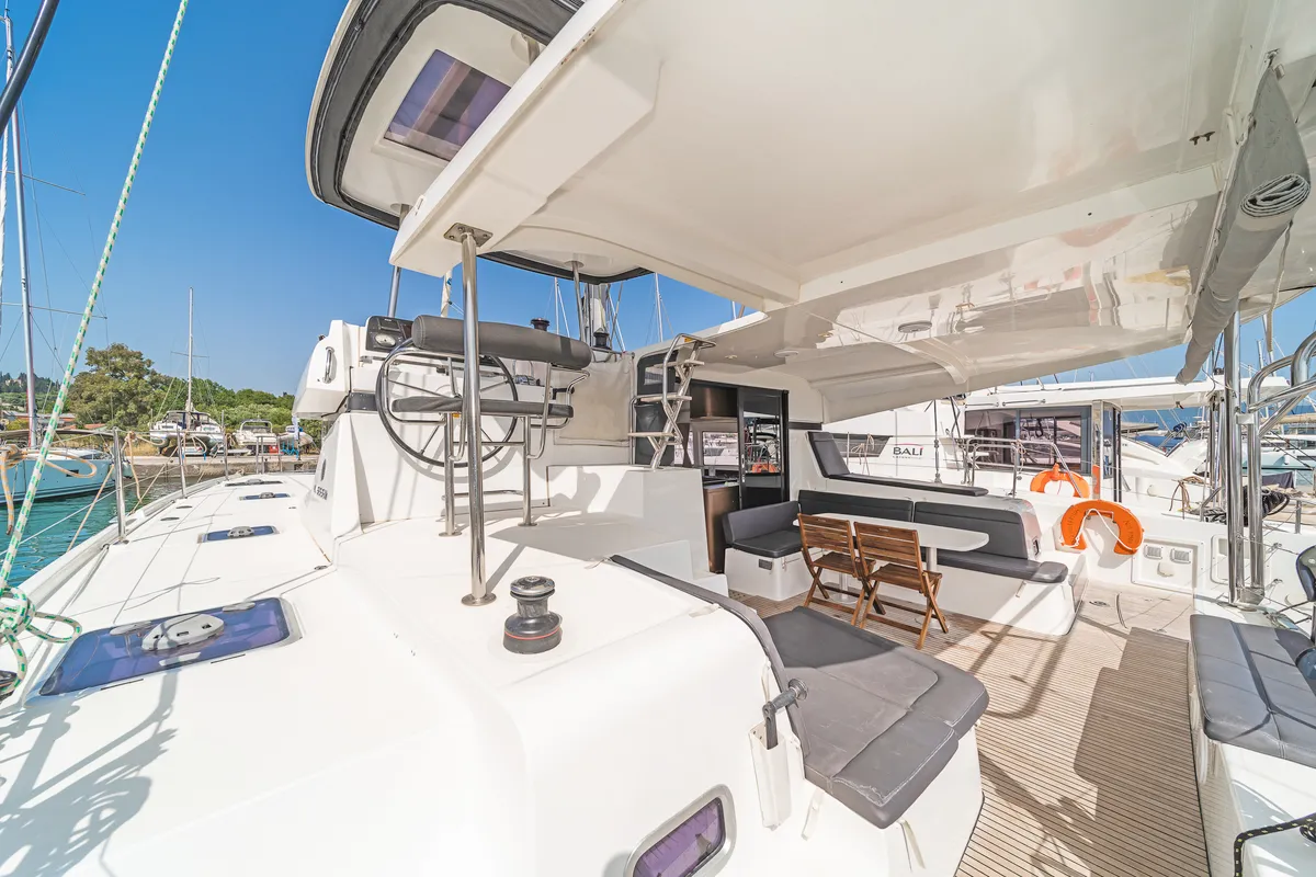 Deck of Equilibrium, a Lagoon 42 catamaran at Kontokali, Greece