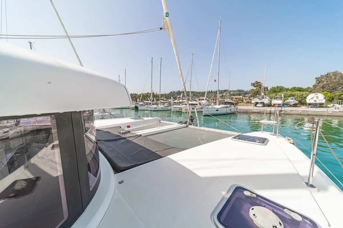 Deck of Equilibrium, a Lagoon 42 catamaran at Kontokali, Greece