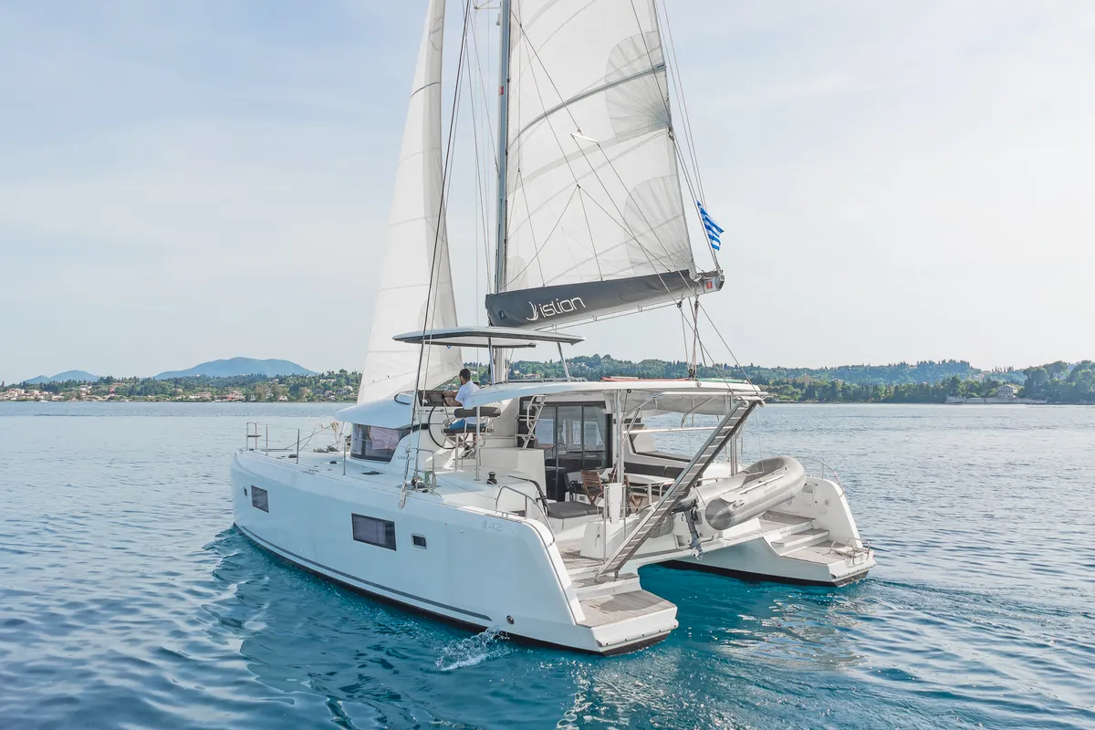 Exterior view of Equilibrium, a Lagoon 42 catamaran at Kontokali, Greece