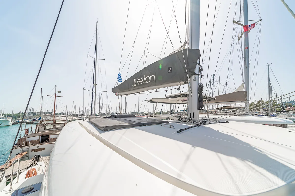 Deck of Equilibrium, a Lagoon 42 catamaran at Kontokali, Greece