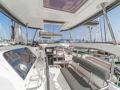 Cockpit of Equilibrium, a Lagoon 42 catamaran at Kontokali, Greece