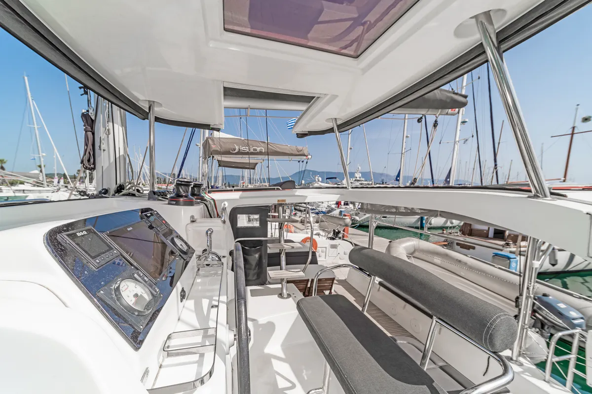 Cockpit of Equilibrium, a Lagoon 42 catamaran at Kontokali, Greece