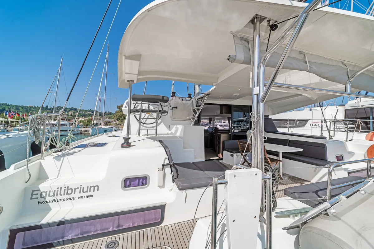 Deck of Equilibrium, a Lagoon 42 catamaran at Kontokali, Greece