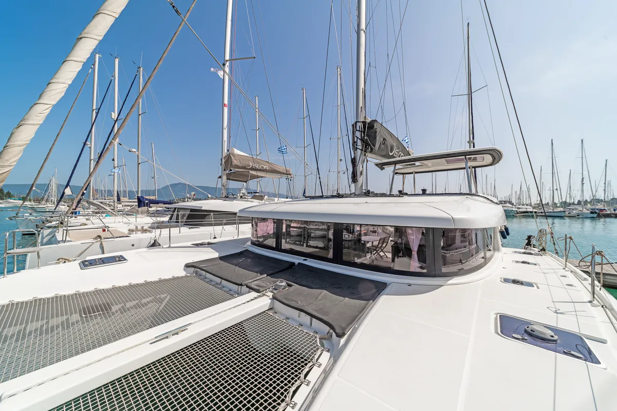 Deck of Equilibrium, a Lagoon 42 catamaran at Kontokali, Greece