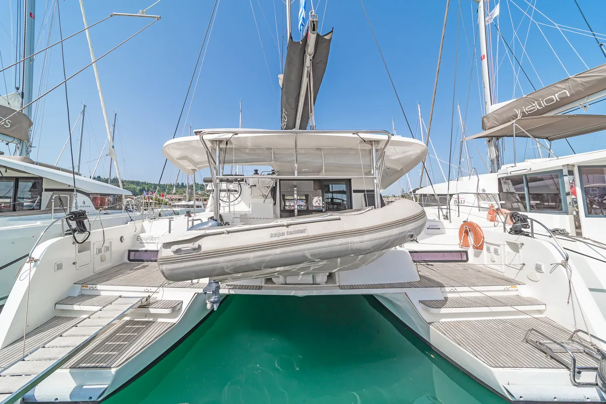 Deck of Equilibrium, a Lagoon 42 catamaran at Kontokali, Greece