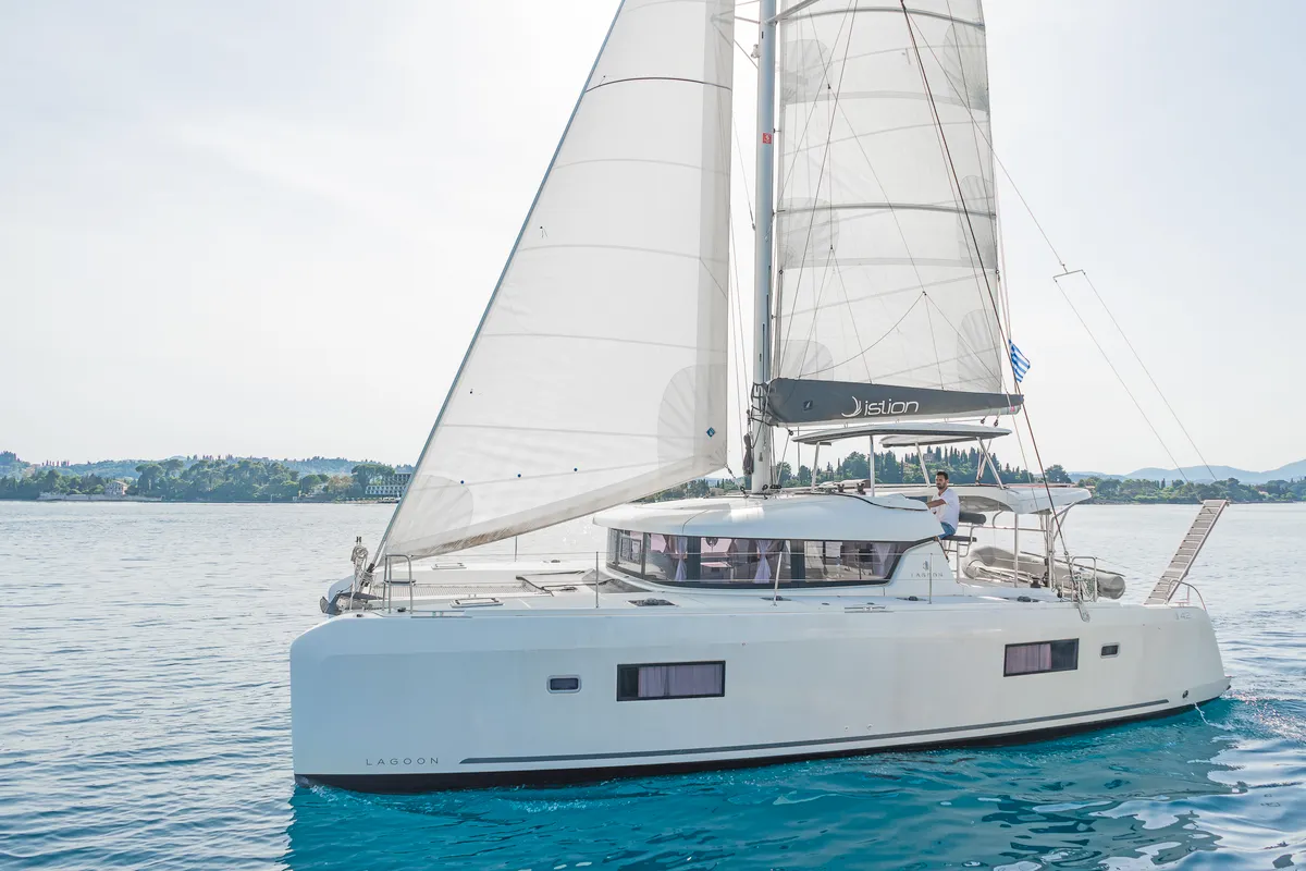 Exterior view of Equilibrium, a Lagoon 42 catamaran at Kontokali, Greece
