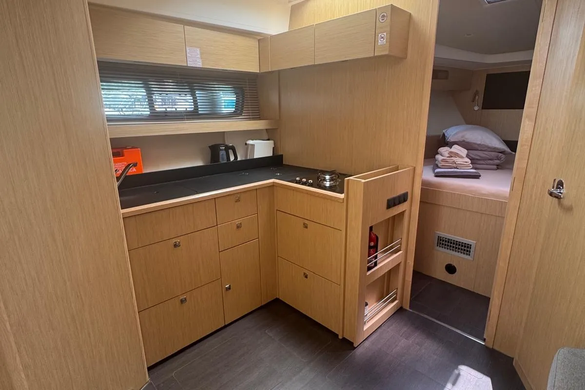 Galley of Ivana, a Bavaria SR41 motor yacht at Grad Trogir, Croatia