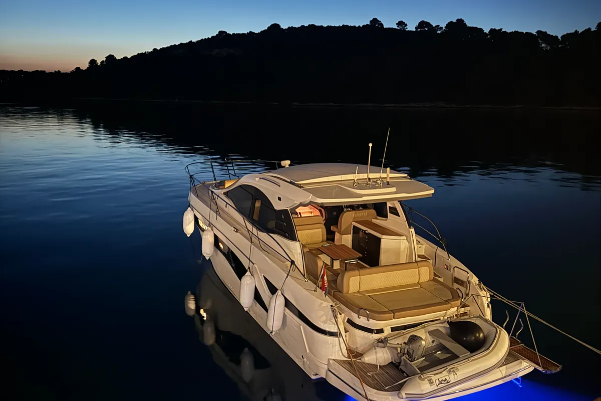 Exterior view of Ivana, a Bavaria SR41 motor yacht at Grad Trogir, Croatia