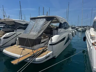 Deck of Ivana, a Bavaria SR41 motor yacht at Grad Trogir, Croatia