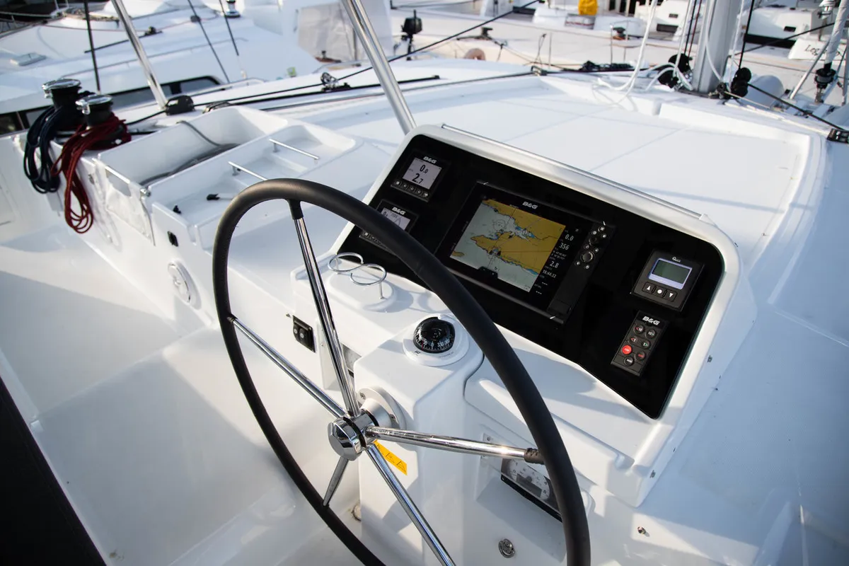 Cockpit of Anja, a Lagoon 450 F catamaran at Općina Rogoznica, Croatia