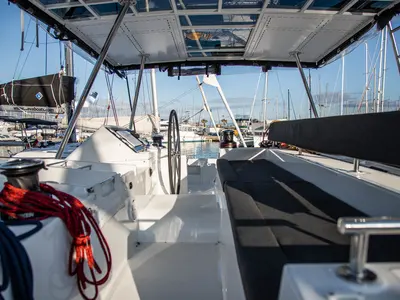 Cockpit of Anja, a Lagoon 450 F catamaran at Općina Rogoznica, Croatia