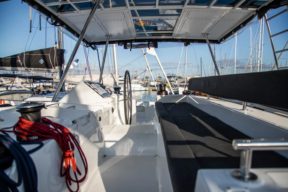 Cockpit of Anja, a Lagoon 450 F catamaran at Općina Rogoznica, Croatia
