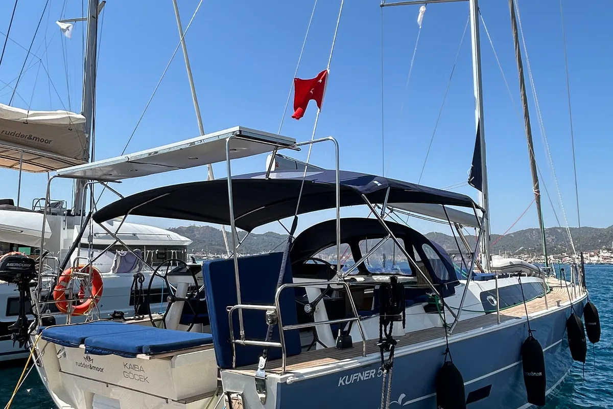 Exterior view of Kaiba, a D&D Kufner 54 sailboat at Marmaris, Turkey