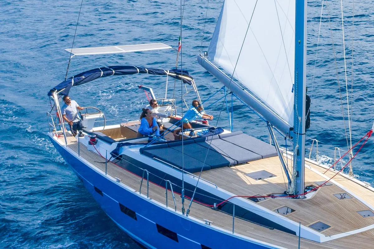 Exterior view of Kaiba, a D&D Kufner 54 sailboat at Marmaris, Turkey