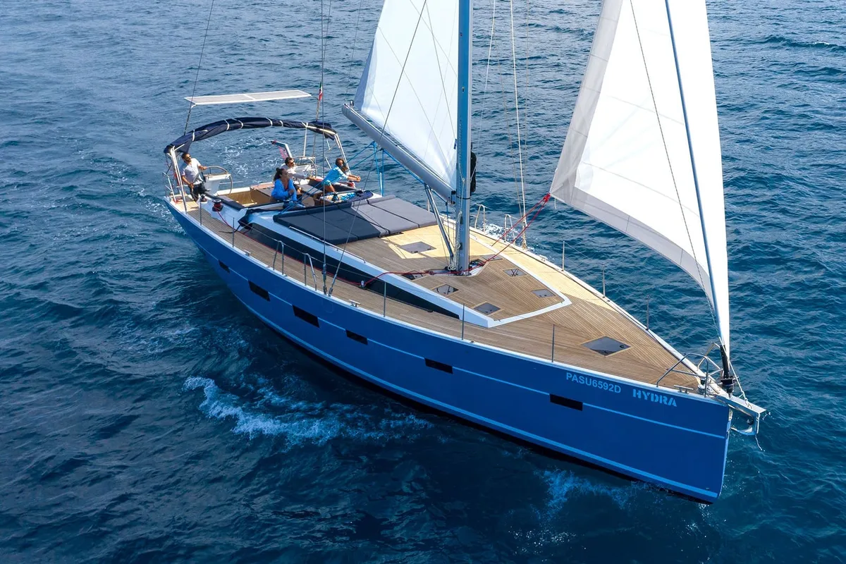 Exterior view of Kaiba, a D&D Kufner 54 sailboat at Marmaris, Turkey