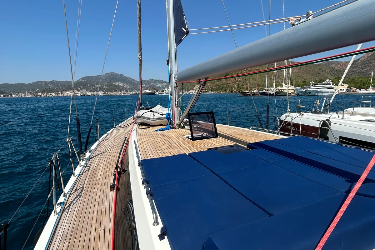 Deck of Kaiba, a D&D Kufner 54 sailboat at Marmaris, Turkey
