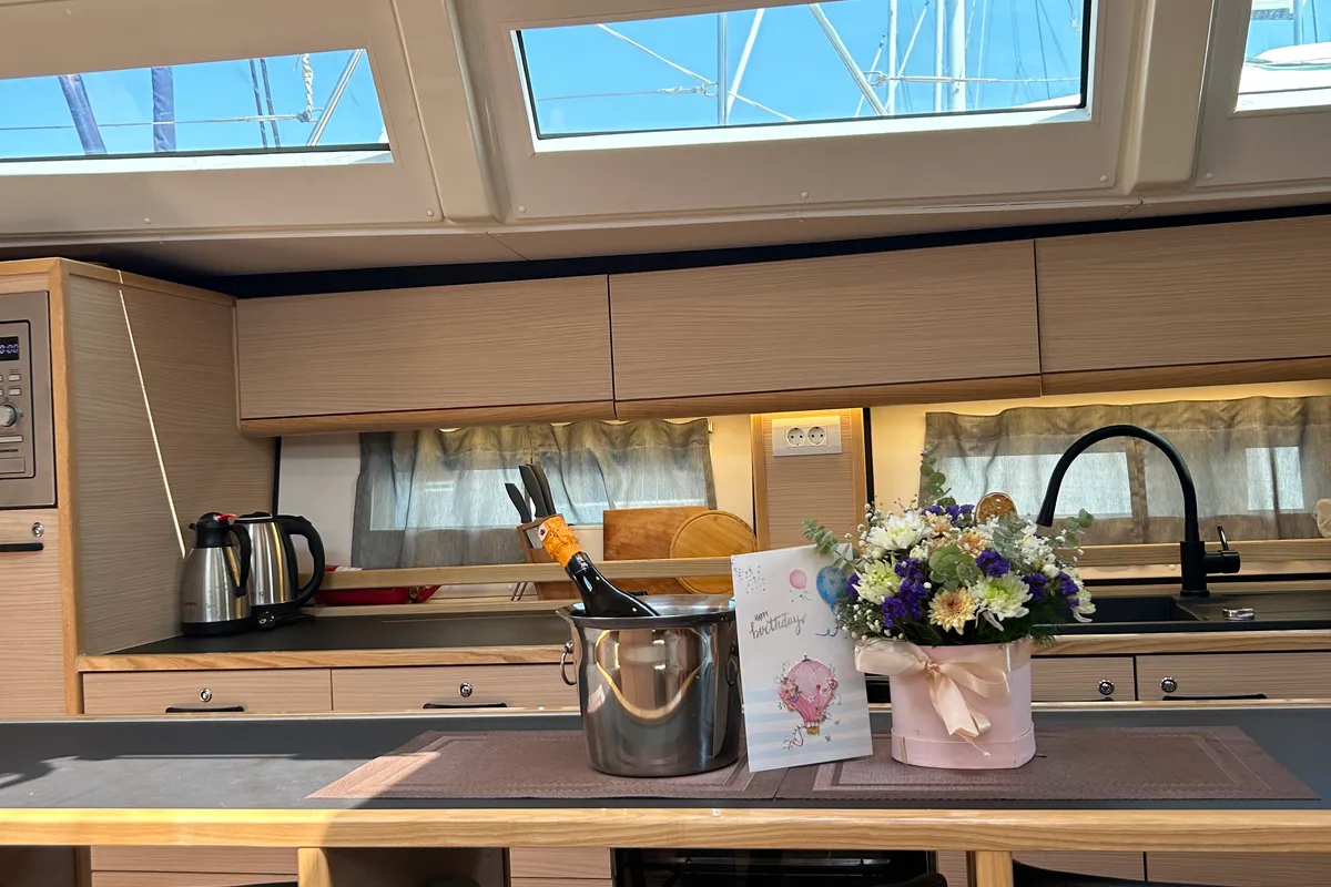 Galley of Kaiba, a D&D Kufner 54 sailboat at Marmaris, Turkey