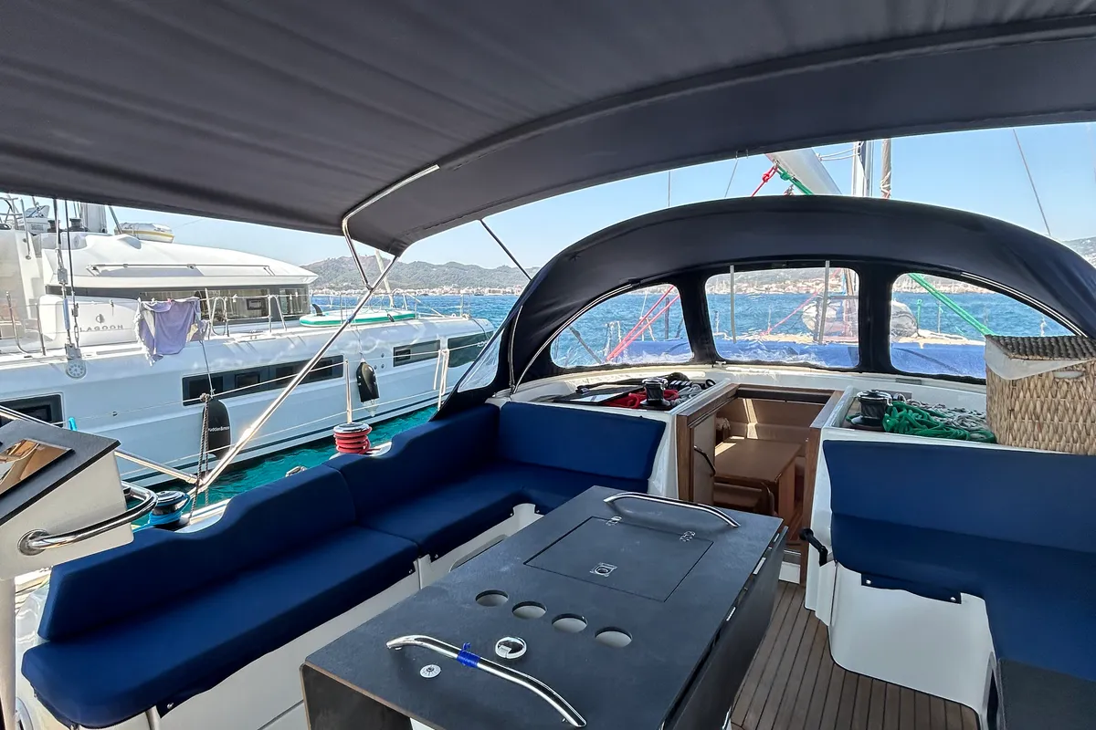 Cockpit of Kaiba, a D&D Kufner 54 sailboat at Marmaris, Turkey