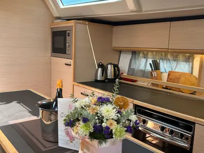 Galley of Kaiba, a D&D Kufner 54 sailboat at Marmaris, Turkey
