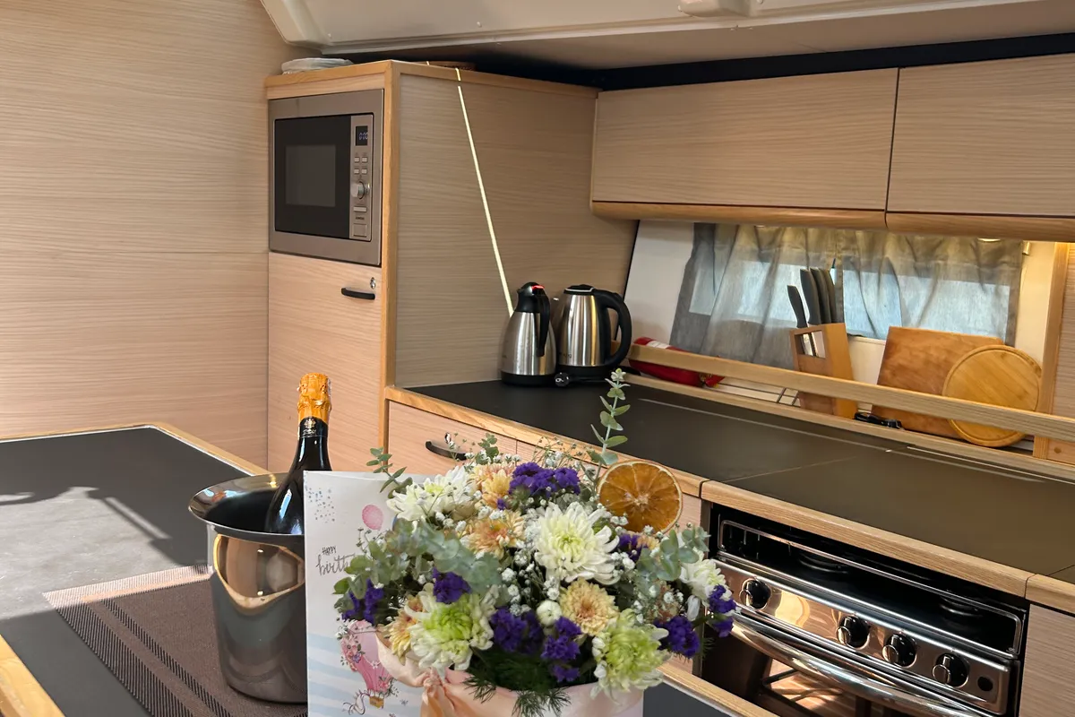 Galley of Kaiba, a D&D Kufner 54 sailboat at Marmaris, Turkey