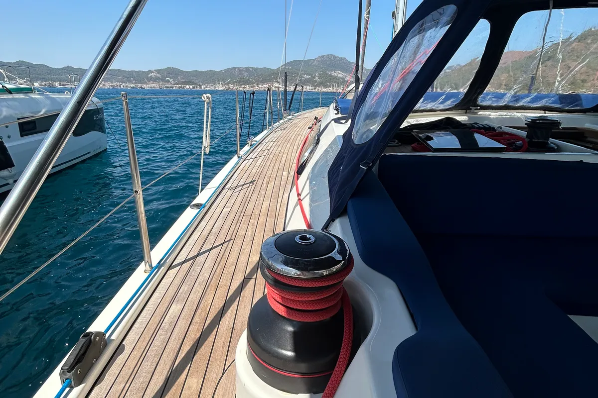 Deck of Kaiba, a D&D Kufner 54 sailboat at Marmaris, Turkey