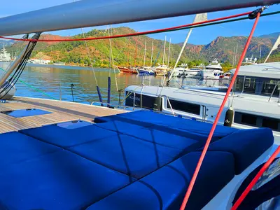 Deck of Kaiba, a D&D Kufner 54 sailboat at Marmaris, Turkey