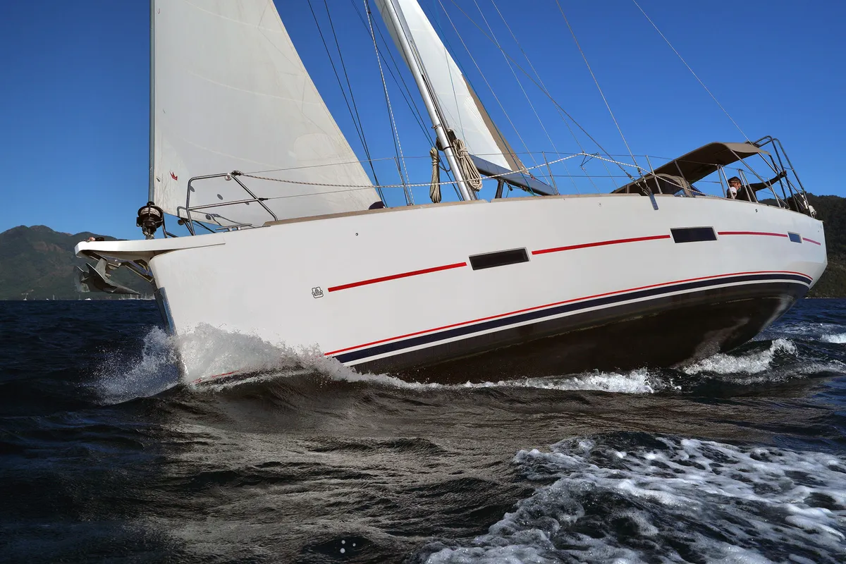 Exterior view of Avalon, a Dufour 460 Grand Large sailboat at Municipal Unit of Rhodes, Greece