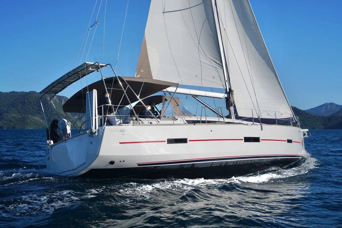 Exterior view of Avalon, a Dufour 460 Grand Large sailboat at Municipal Unit of Rhodes, Greece