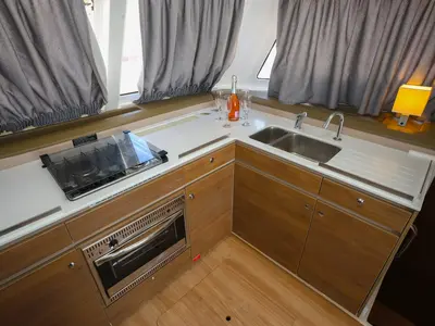 Galley of Tatinja, a Bali Catspace catamaran at Grad Kaštela, Croatia