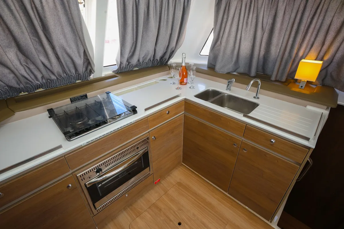 Galley of Tatinja, a Bali Catspace catamaran at Grad Kaštela, Croatia