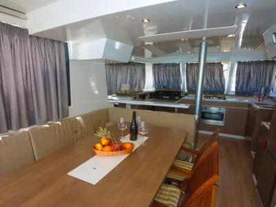 Salon of Tatinja, a Bali Catspace catamaran at Grad Kaštela, Croatia