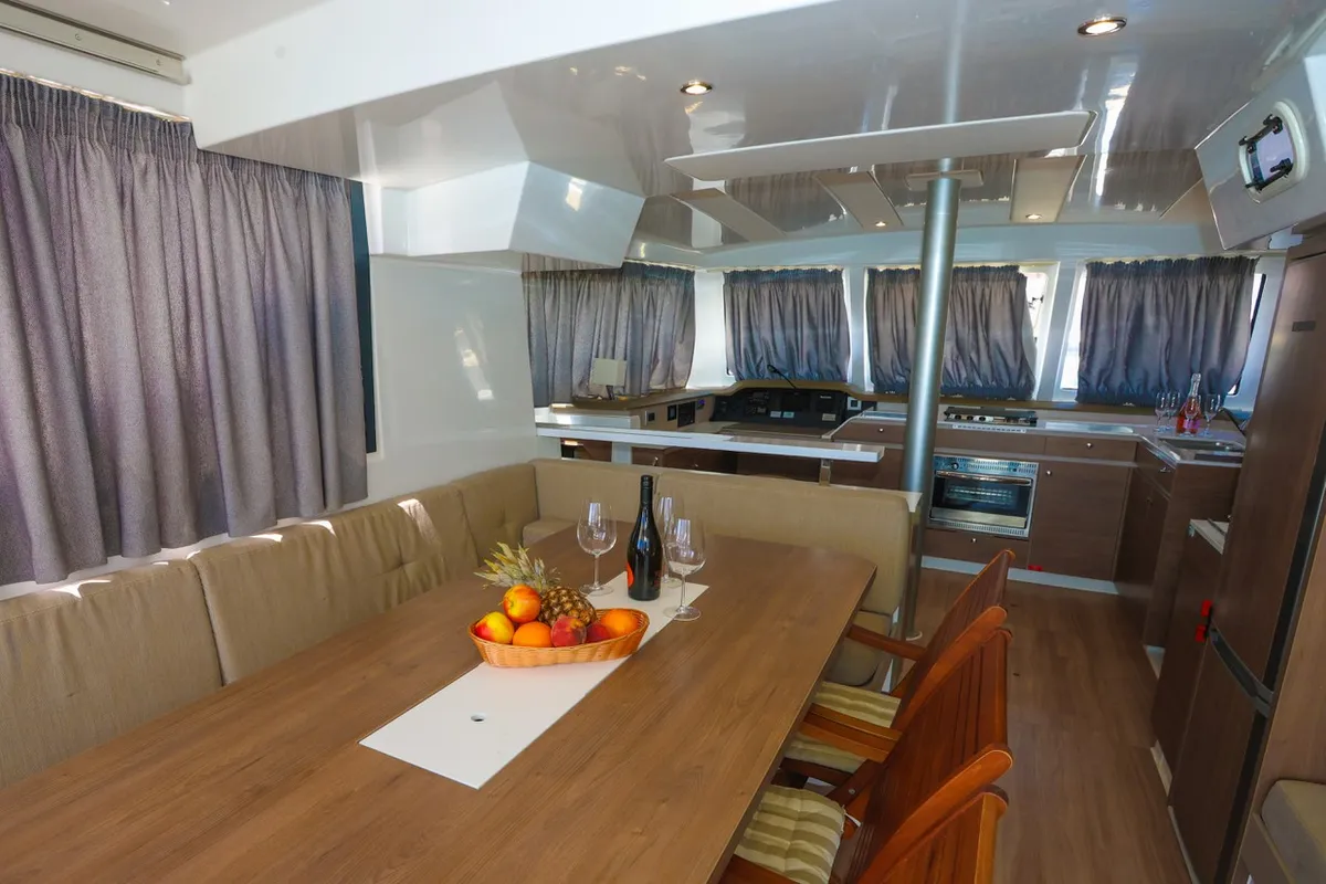 Salon of Tatinja, a Bali Catspace catamaran at Grad Kaštela, Croatia