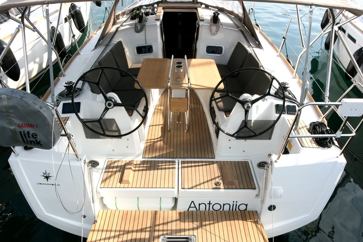 Cockpit of Antonija, a Jeanneau Sun Odyssey 349 sailboat at Punat, Croatia