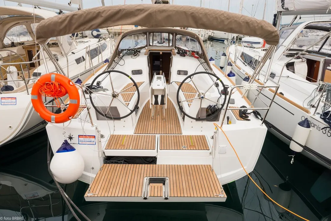 Cockpit of Popeye, a Jeanneau Sun Odyssey 349 sailboat at Pirovac, Croatia
