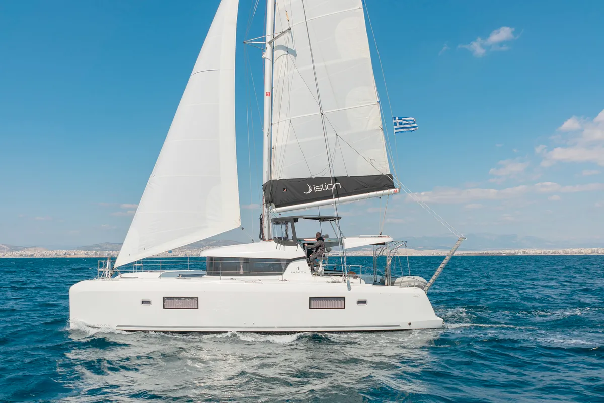 Exterior view of Niriis, a Lagoon 42 catamaran at Athens, Greece