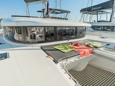 Deck of Niriis, a Lagoon 42 catamaran at Athens, Greece