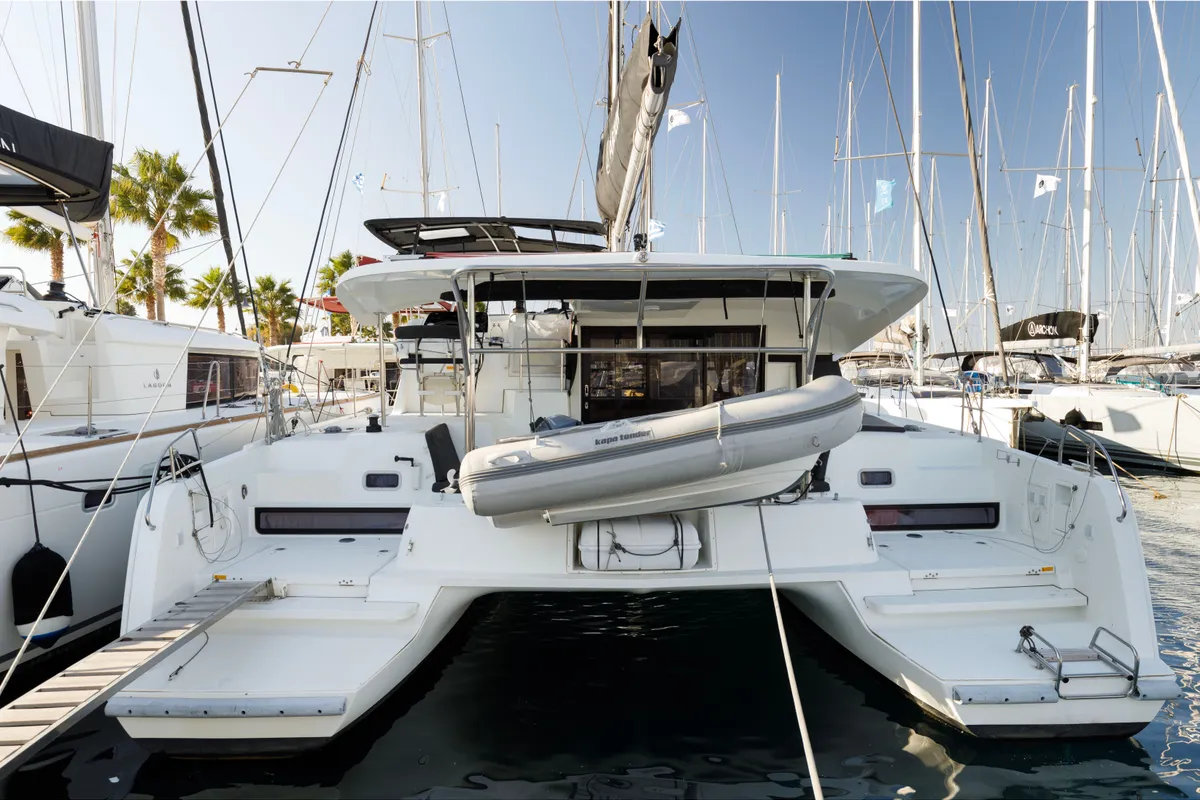Exterior view of Nyami-Nyami, a Lagoon 42 catamaran at Municipal Unit of Lefkada, Greece