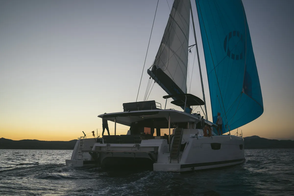 Exterior view of AquaSpirit, a Fountaine Pajot Saona 47 catamaran at Lavreotiki Municipal Unit, Greece