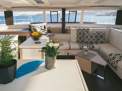 Salon of AquaSpirit, a Fountaine Pajot Saona 47 catamaran at Lavreotiki Municipal Unit, Greece