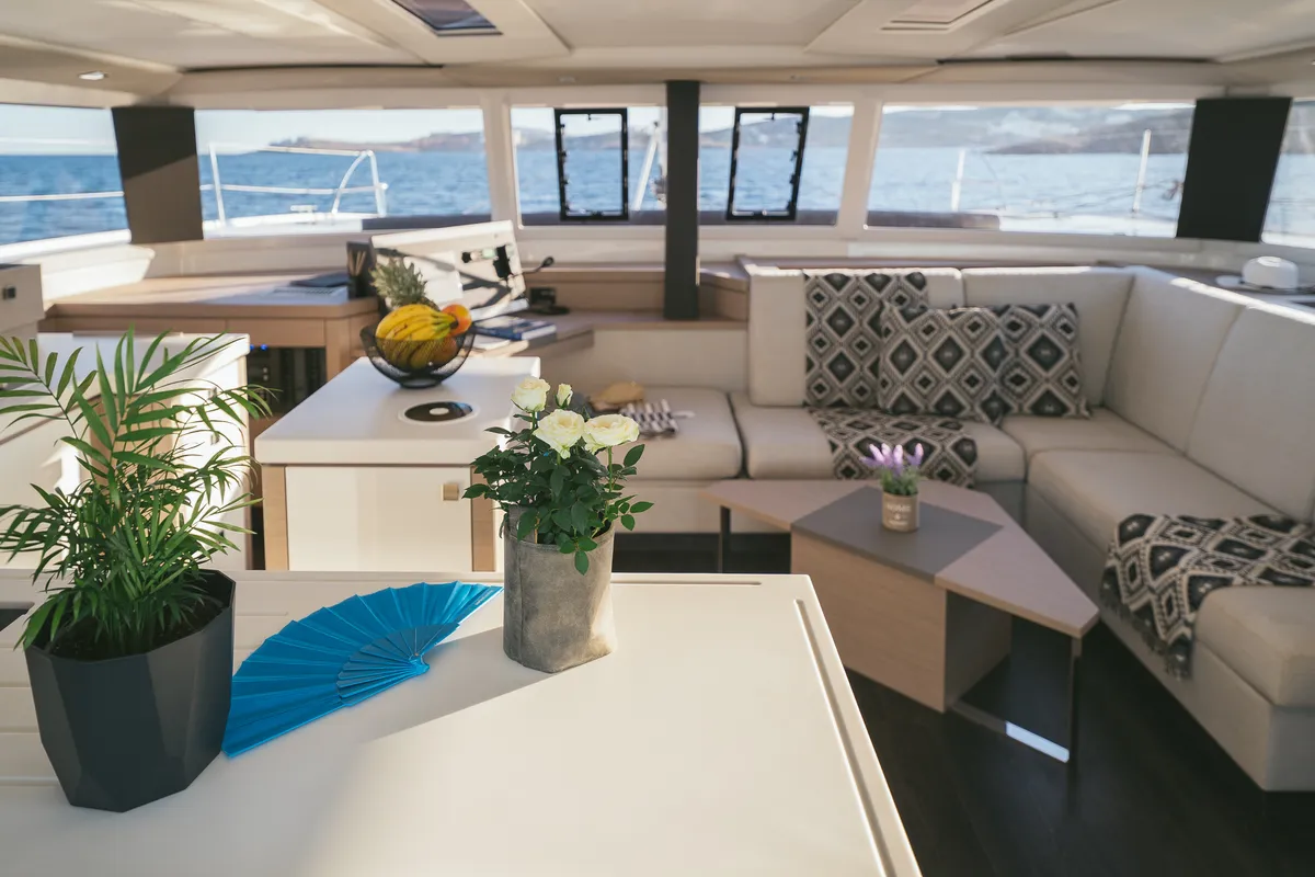 Salon of AquaSpirit, a Fountaine Pajot Saona 47 catamaran at Lavreotiki Municipal Unit, Greece