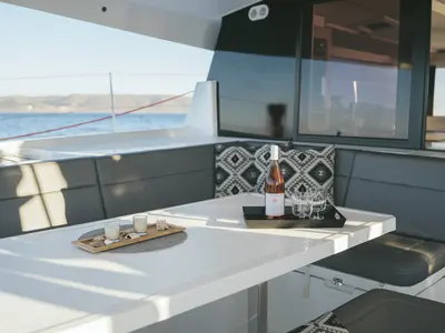 Deck of AquaSpirit, a Fountaine Pajot Saona 47 catamaran at Lavreotiki Municipal Unit, Greece