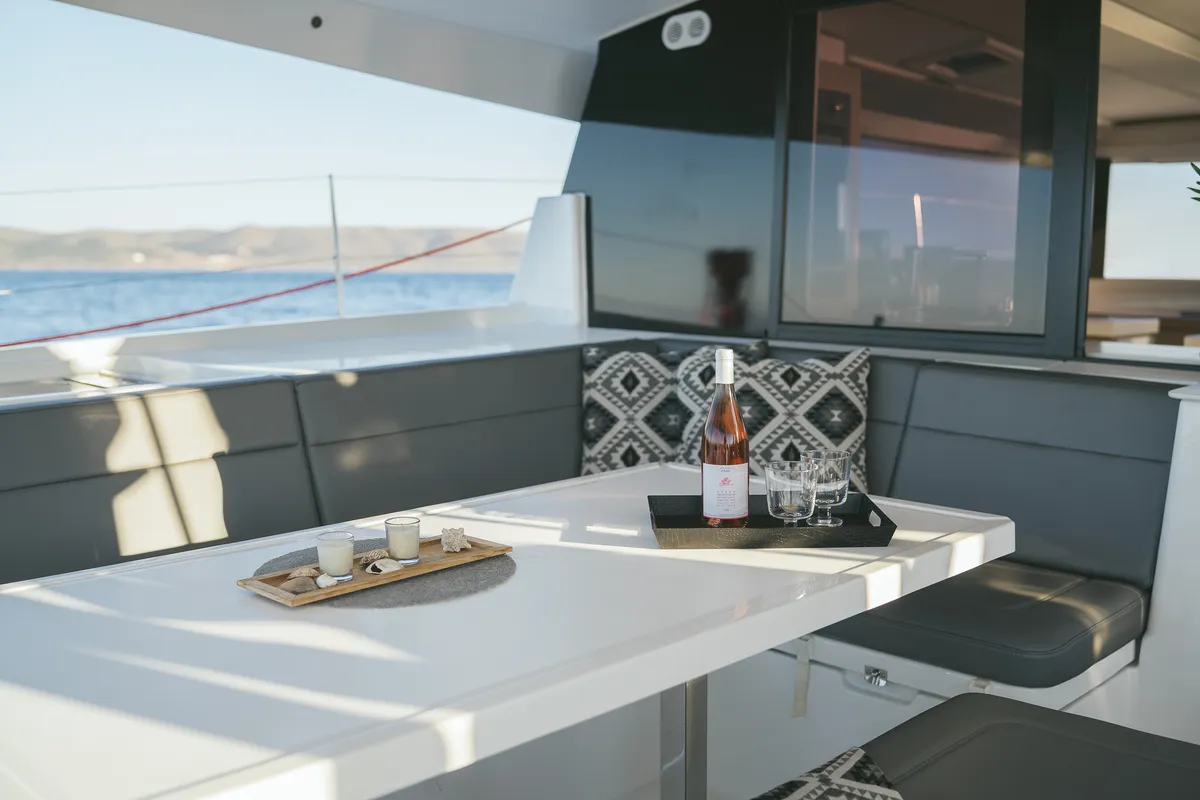 Deck of AquaSpirit, a Fountaine Pajot Saona 47 catamaran at Lavreotiki Municipal Unit, Greece